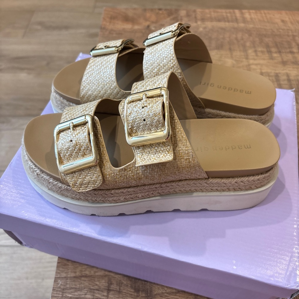 Madden Girl Tan Woven Double-Buckle Platform Slide Sandals